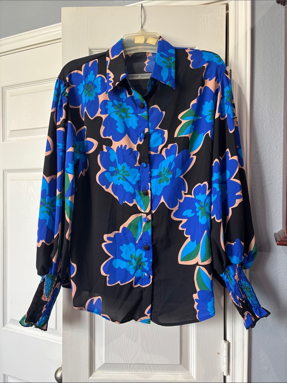 S-Deer Women’s Black Floral Button-Up Blouse with Blue Flowers